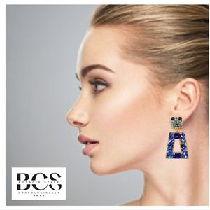 Navy Blue Gems Trapezoid Shape Pierced Earrings